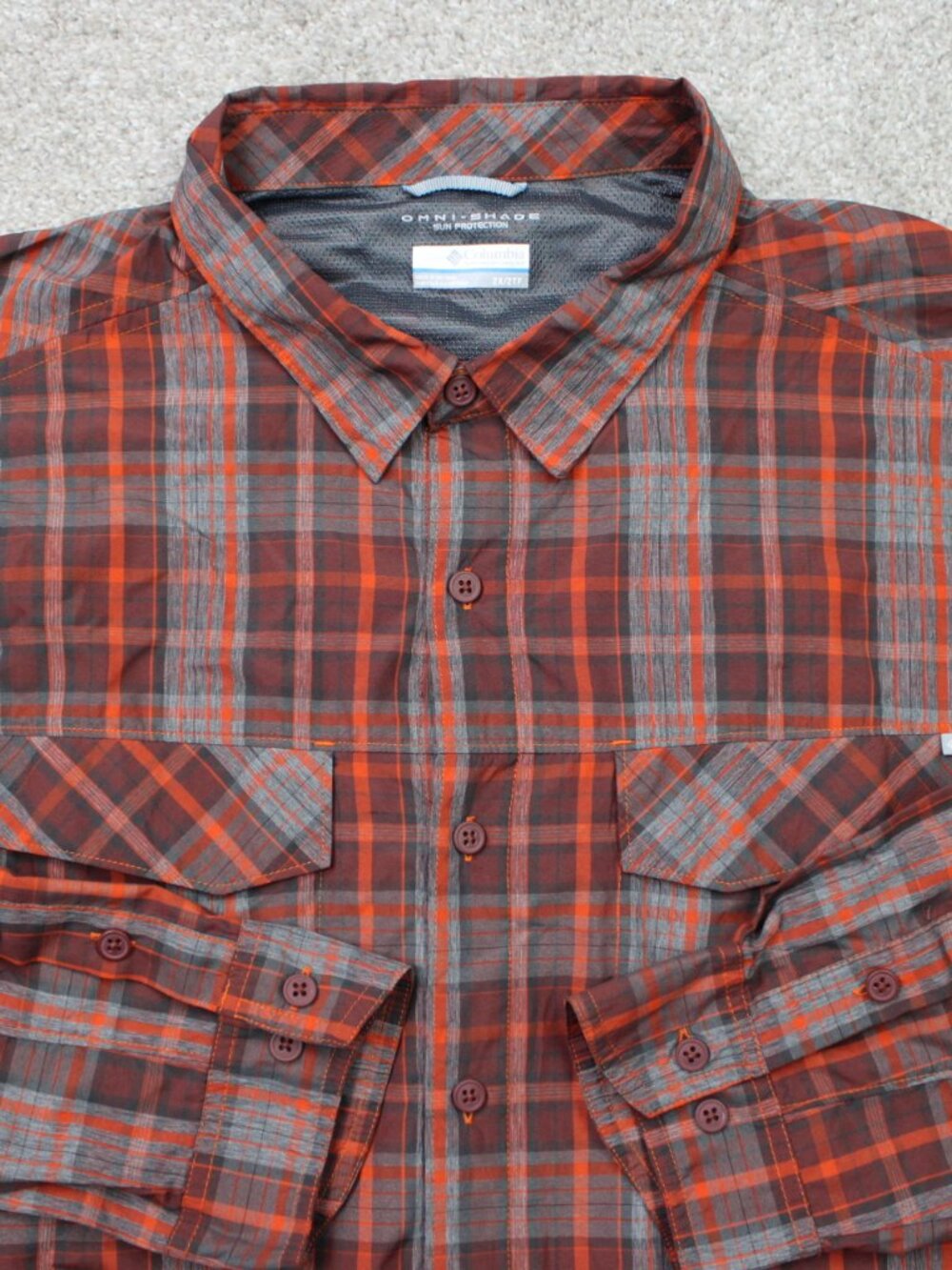 Columbia Silver Ridge Shirt Mens 2XL XXL Red/Orange Plaid Omni-Shade Long Sleeve